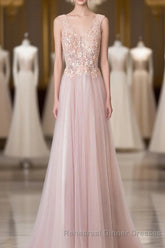 Pink V Neck Lace Long Semi Formal Prom Dress, Cheap Evening Dress